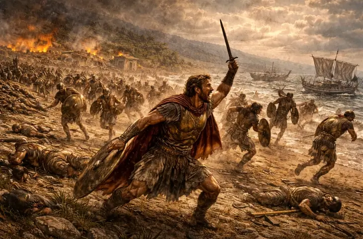 Odysseus ve adamlarının Kikonlar ülkesinde yaşadığı çatışmayı betimleyen mitolojik sahne; kıyıda süren savaş, kaçışan askerler ve deniz yolculuğunun ilk kayıpları görülüyor.